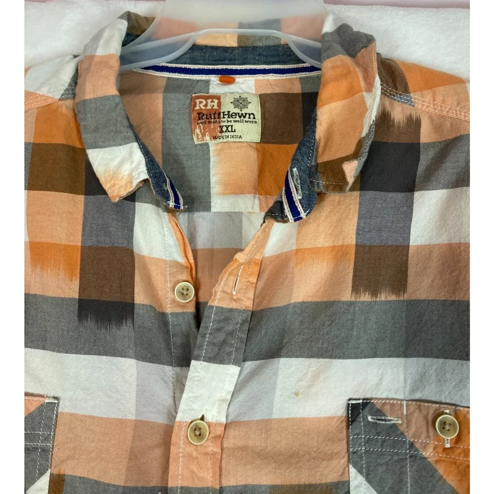 RuffHewn‎ RH Mens Shirt XXL Orange Plaid Button Short Sleeves Pockets